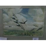 Framed & glazed watercolour of a Mosquito air plane signed Val Bennett. Estimate £40-60.