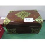 Early 20th century brass bound mahogany domes box with ornate brass work. Estimate £10-20.