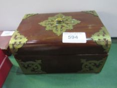 Early 20th century brass bound mahogany domes box with ornate brass work. Estimate £10-20.