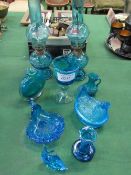 Qty of blue glass ware including a pair of oil lamps. Estimate £10-20.