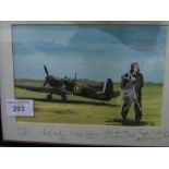 Framed & glazed watercolour of a Spitfire & pilot with signatures to mount. Estimate £20-30.
