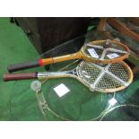2 wood framed tennis rackets c/w clamps. Estimate £20-40.