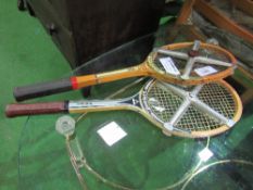 2 wood framed tennis rackets c/w clamps. Estimate £20-40.