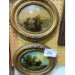 2 small oval gesso framed paintings on glass. Estimate £40-50.