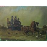 Oil on canvas, c1840's, of a gentleman driving a Dog Cart to a pair, with passengers and a spaniel