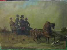 Oil on canvas, c1840's, of a gentleman driving a Dog Cart to a pair, with passengers and a spaniel