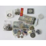 Mixed qty of world currency bank notes & coins including Chinese panda. Estimate £10-15.