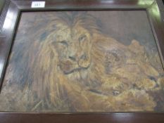 Oil on canvas of lion & lioness after Geza Vastagh (1866-1916). Estimate £40-60.