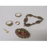 2 silver gilt & diamond chip rings, horseshoe shaped piece & enamelled brooch with floral decoration