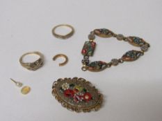 2 silver gilt & diamond chip rings, horseshoe shaped piece & enamelled brooch with floral decoration