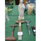 3 crucifixes & plaster classical figurine, a/f. Estimate £30-40.