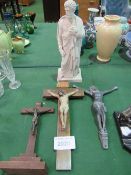 3 crucifixes & plaster classical figurine, a/f. Estimate £30-40.