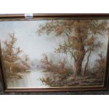 Framed oil on canvas woodland & river scene, signed Cafieri. Estimate £10-20.