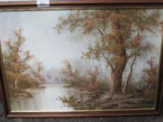 Framed oil on canvas woodland & river scene, signed Cafieri. Estimate £10-20.