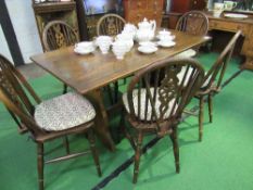 Oak dining table on block ends & centre stretcher & tusk tenons, 75cms x 145cms long x 70cms wide,