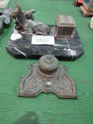 Marble & brass desk tidy with inkwell & metal lying deer & fawn c/w china liner. Estimate £20-30.