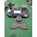 Marble & brass desk tidy with inkwell & metal lying deer & fawn c/w china liner. Estimate £20-30.