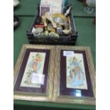 Tray of bric-a-brac & 2 middle Eastern style framed & glazed pictures. Estimate £20-30.