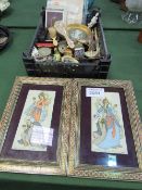 Tray of bric-a-brac & 2 middle Eastern style framed & glazed pictures. Estimate £20-30.