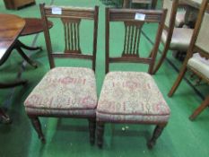 2 mahogany upholstered seat dining chairs. Estimate £10-20.