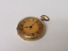 19th century 18ct gold cased lady's pocket watch with gold coloured face and Roman numerals.