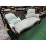 Carved mahogany framed upholstered sofa/sociable. Estimate £50-100.