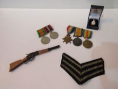 WWII medal, WWII defence medal, 3 WWI medals: Great War medal 1914-1919, George V 1914-1918