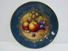 19th century Royal Worcester plate of fruit and foilage painted within a blue and gilt border,