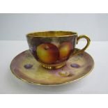 Large Royal Worcester tea cup and saucer decorated with painted fruit, signed by Lewis (REF 30)