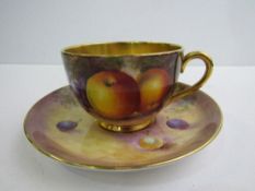 Large Royal Worcester tea cup and saucer decorated with painted fruit, signed by Lewis (REF 30)