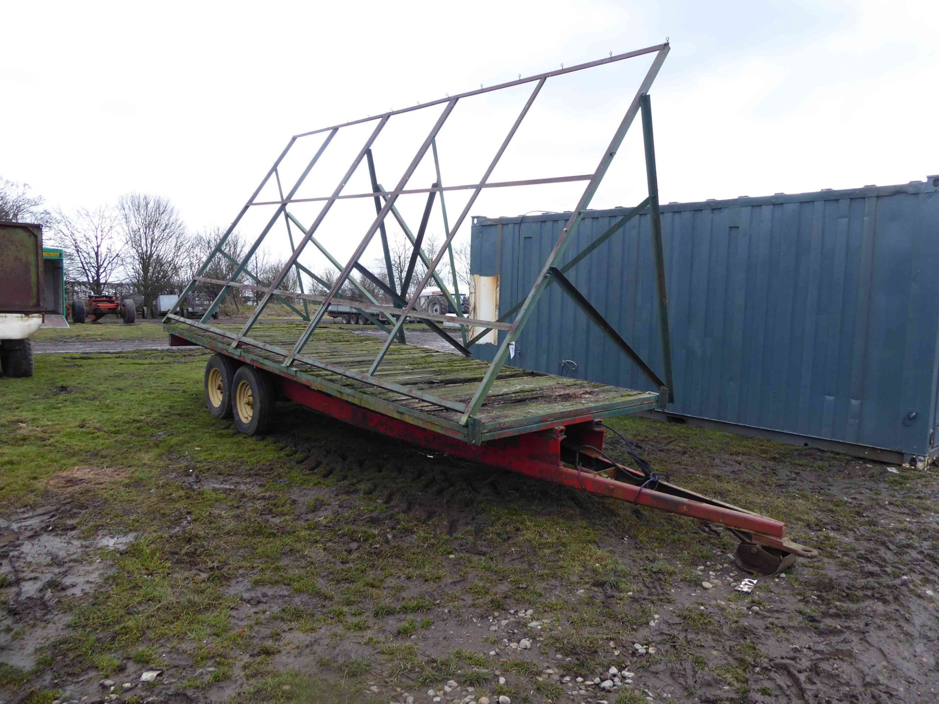 4972 Twin axle flat trailer fitted with advertising hoarding framework, ring hitch. Trailer 20'x6'