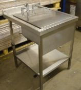 1 x Large Stainless Steel Industrial Single Sink Basin Unit With Mixer Taps and Sink Lid - H84 x