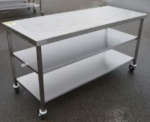 1 x Stainless Steel Prep Bench With Undershelves and Castor Wheels - H87 x W185 x D65 cms -