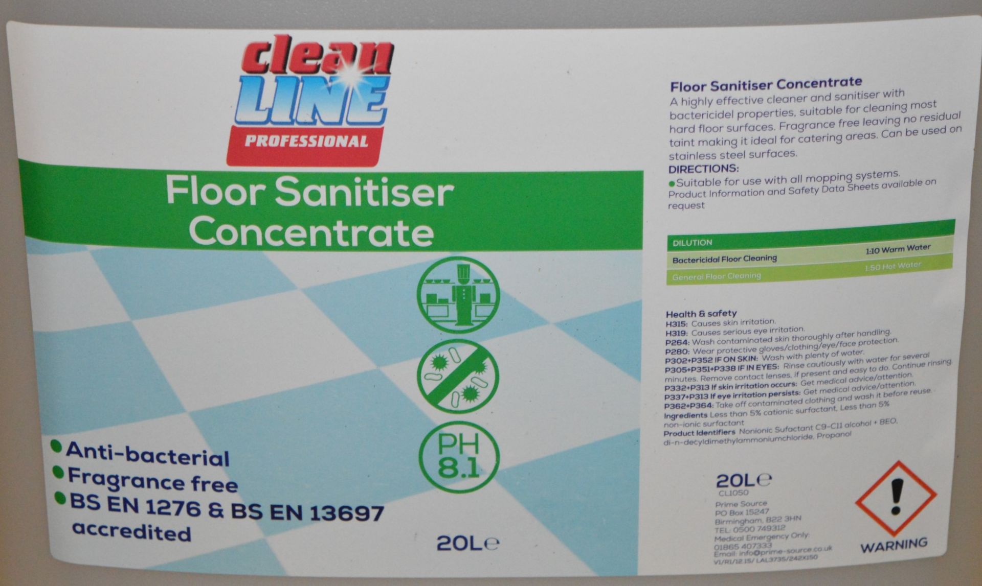 5 x Clean Line Professional 20 Litre Floor Sanitiser Concentrate - Anti Bacterial - Fragrance Free - - Image 2 of 2