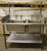 1 x Stainless Steel Industrial Twin Sink Basin Unit With Splashback, Taps, Undershelv and Wired