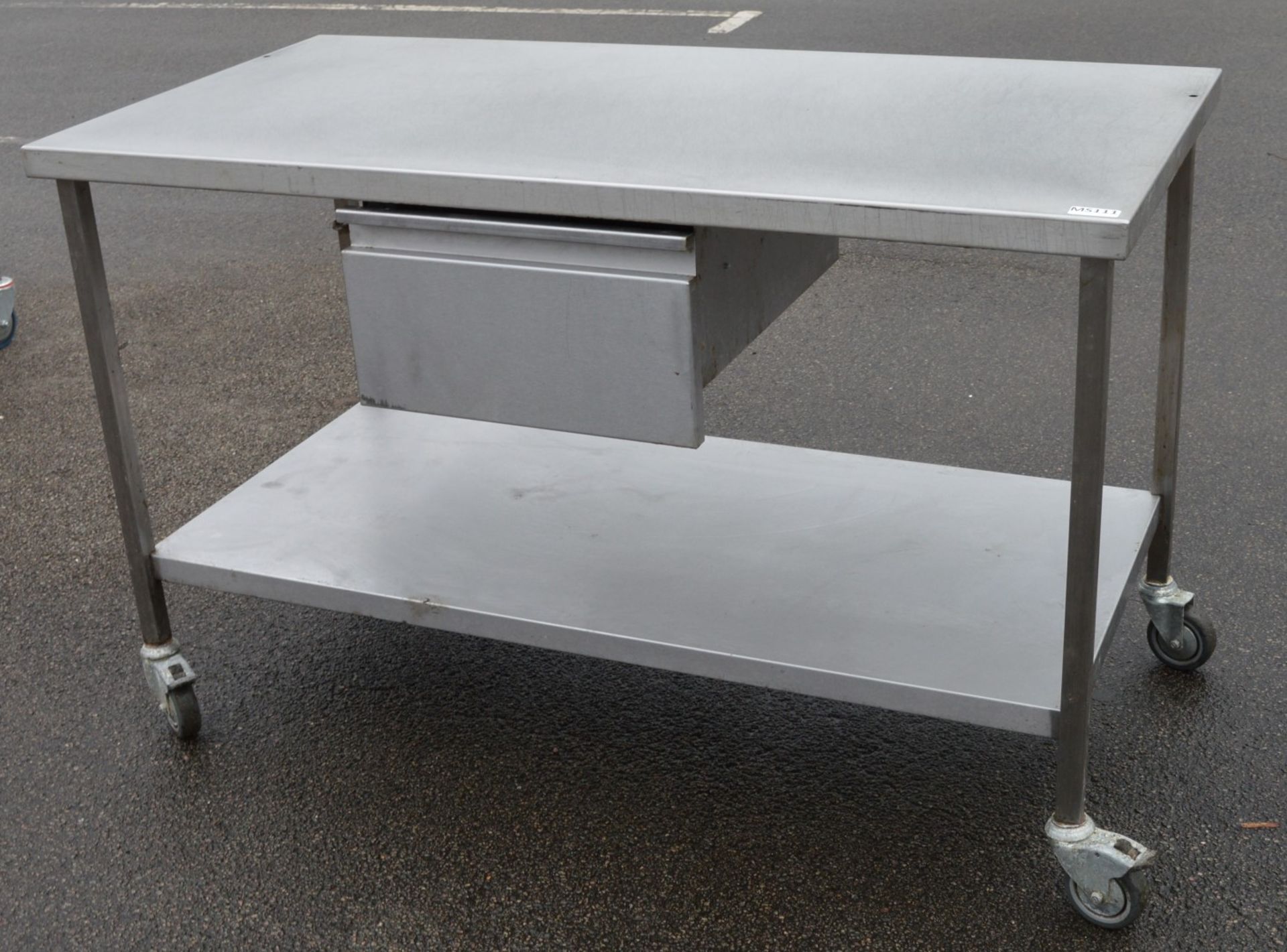 1 x Stainless Steel Prep Bench With Undershelf, Castor Wheels and Central Drawer - H87 x W140 x D7 - Image 4 of 5