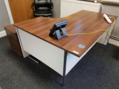 1 x Contemporary Right Hand Office Desk - Walnut Finish With White Panelled Legs - Heat and Stain