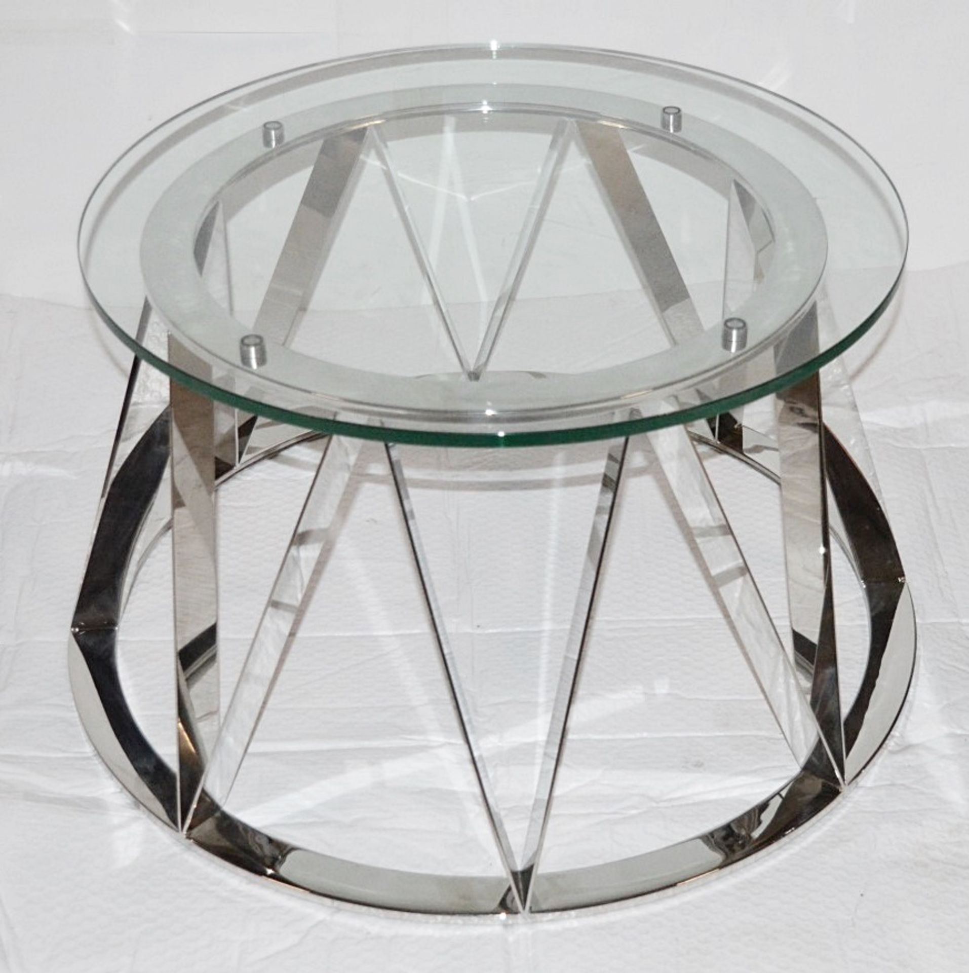 1 x Chelsom Drum-shaped Glass Topped Designer Lamp Table - Dimensions: Diameter 60cm x H38cm -