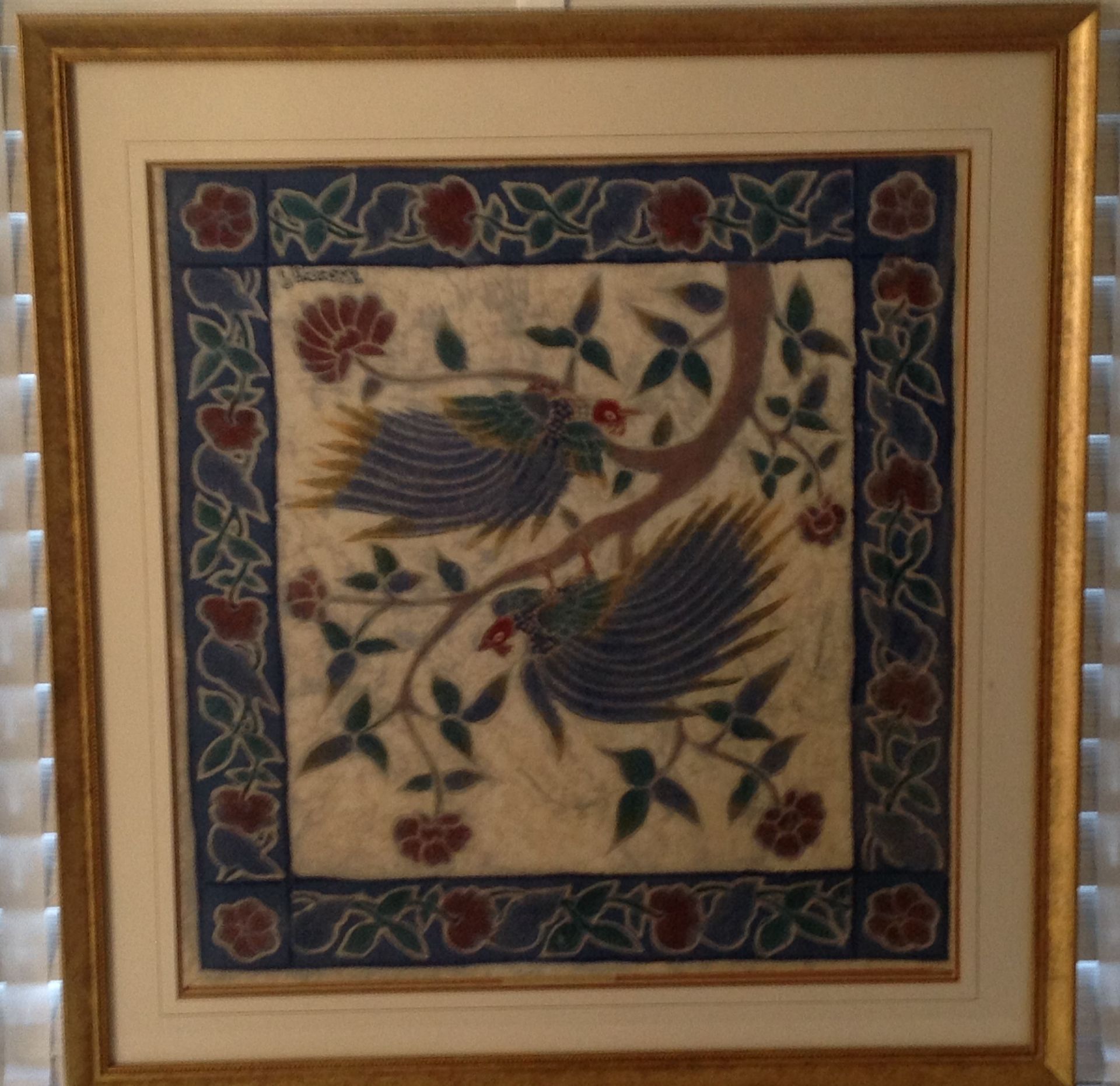 1 x Attractive Framed Bali Fabric Print Featuring Two Blue Exotic Birds - 57cm x 60cm (Framed) - - Image 2 of 2