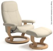 1 x Stressless "Garda" Genuine Leather Recliner In Cream With Classic Oak Base And Matching Foot
