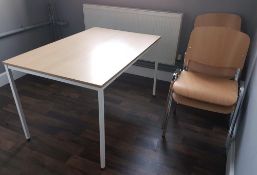 1 x Staff Canteen Table and Four Stackable Chairs - White Metal Frame With Light Wood Surface -