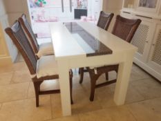 1 x Bespoke Rectangular Dining Table In White With Granite Inlay And 4 x Wicker Backed Dining Chair