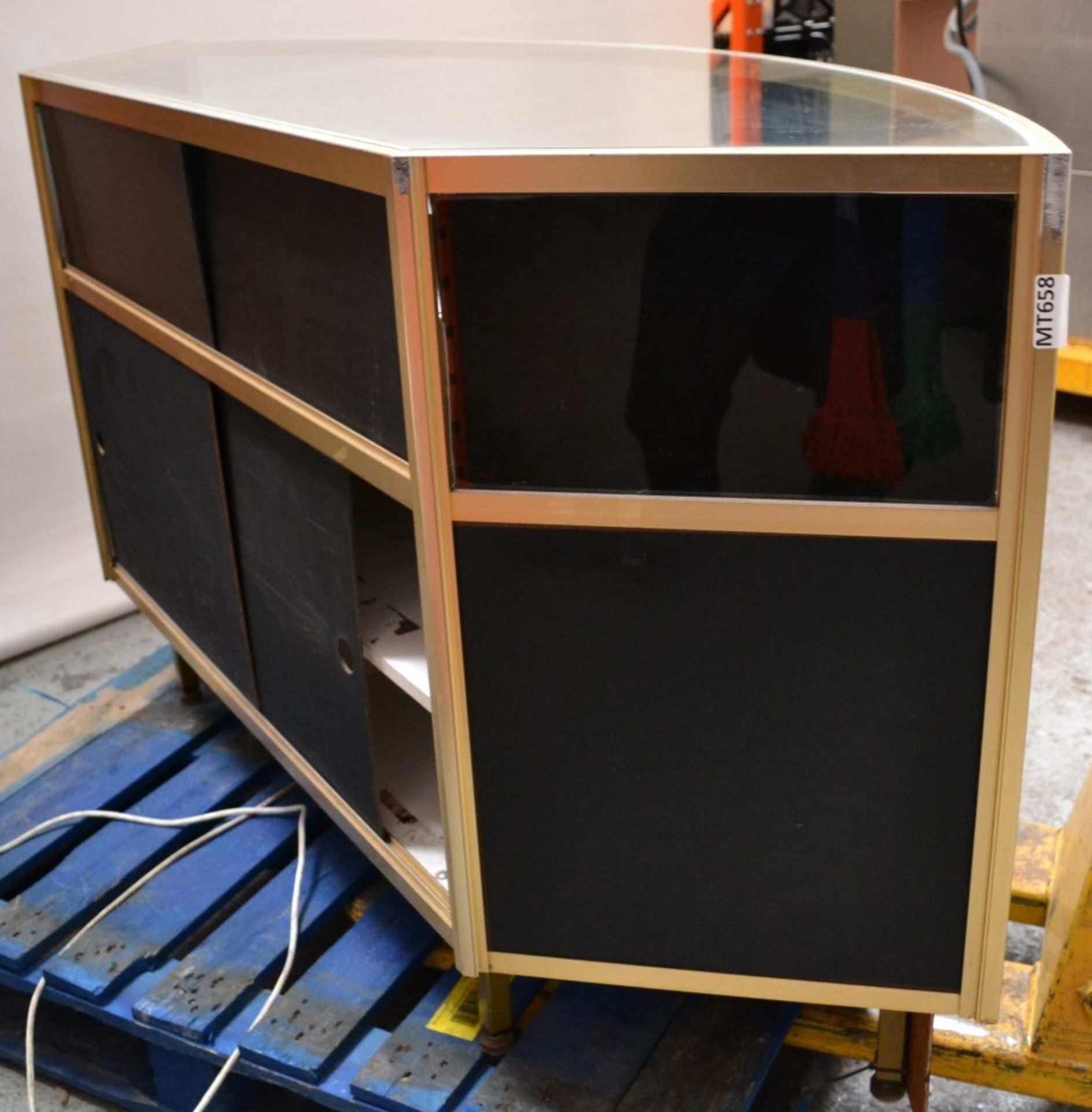 1 x Curved Retail Display Counter In Gold and Black, With Illuminated Glass Display - Image 2 of 5