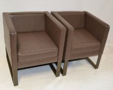 Pair Of Upholstered Square Armchairs In A Brown Faux Leather - Ex-Display, Recently Removed From A