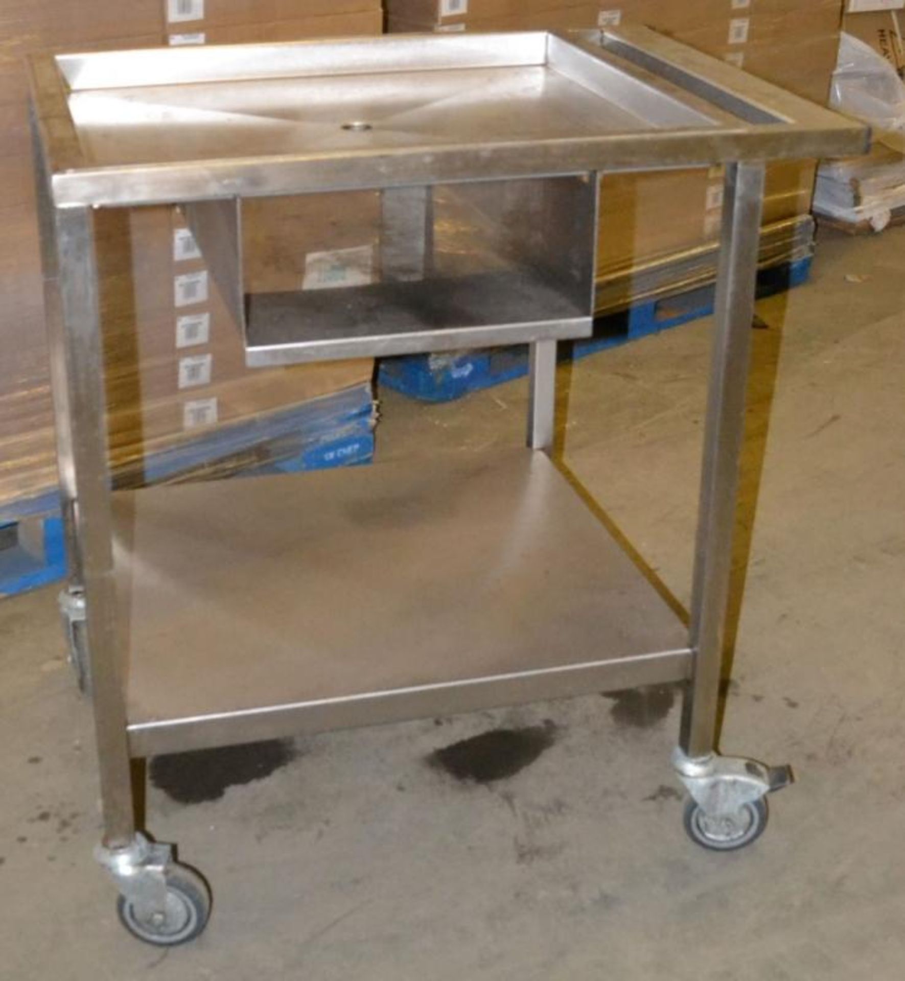 1 x Wheeled Stainless Steel Prep Bench with Drain Hole - Dimensions: 81.5 x 60.5 x 88cm - Ref: MC117