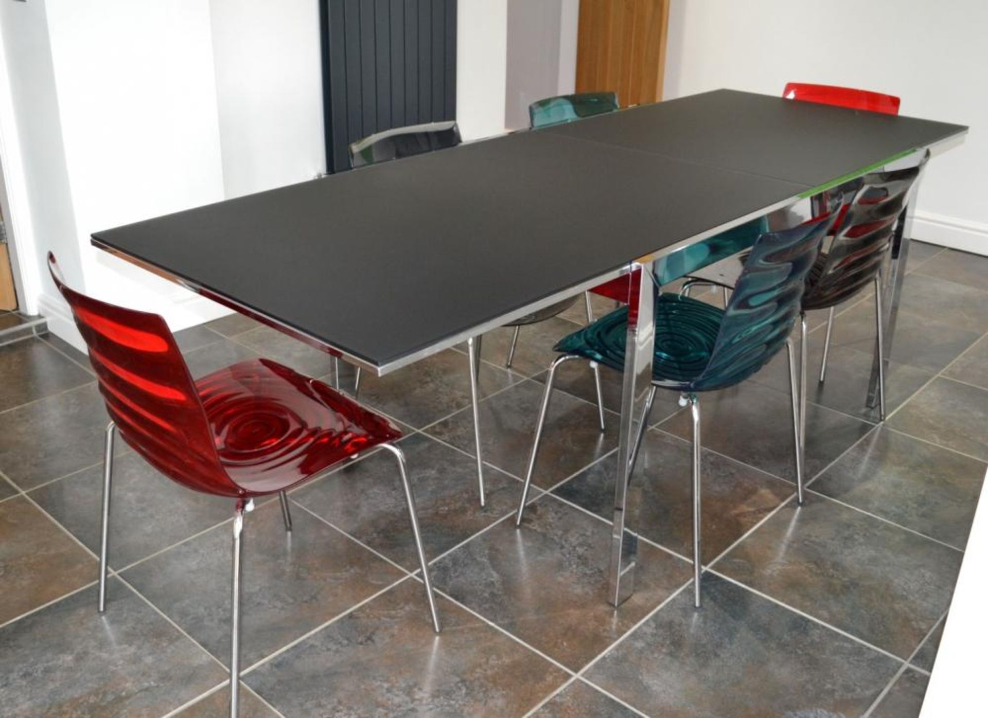 1 x Contemporary Calligaris Frosted Black Glass Extending Dining Table With 6 L&#39;Eau Chairs - CL2 - Image 3 of 14