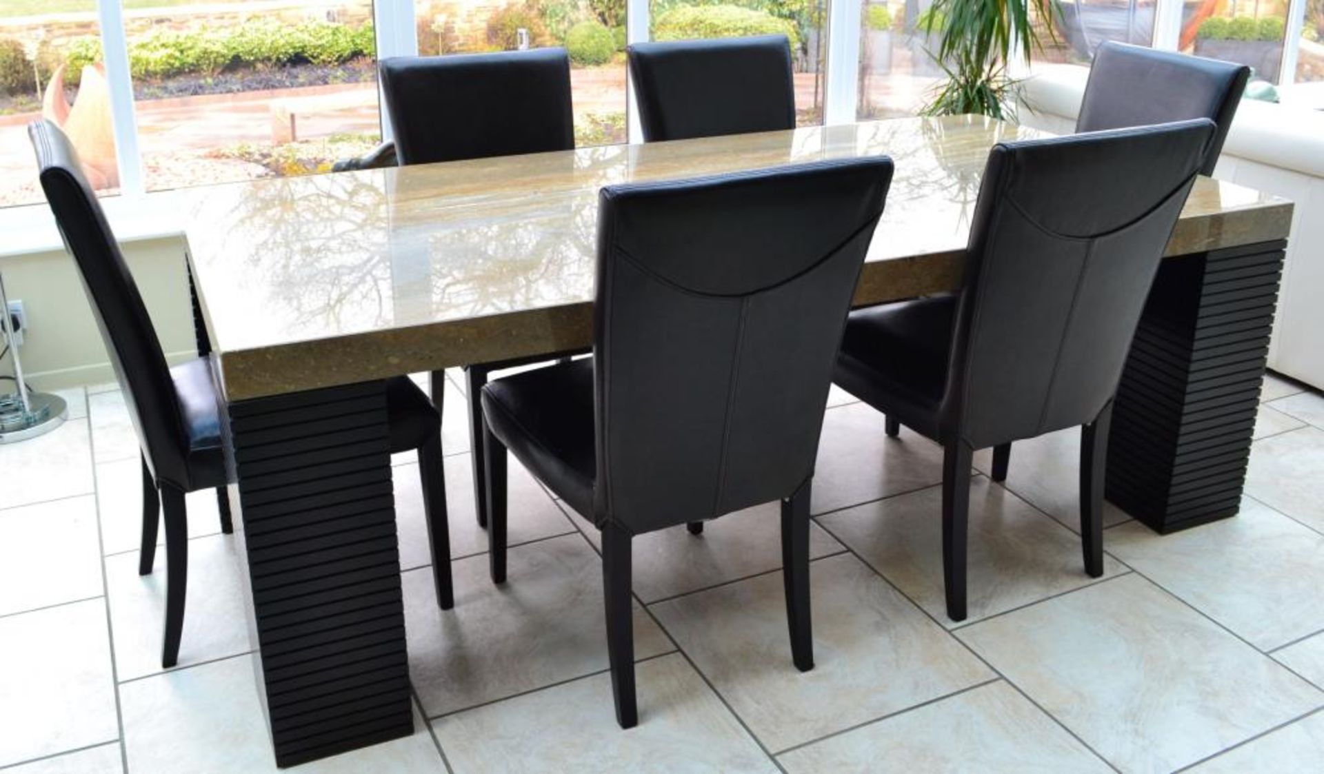 1 x Stone International Espresso Large Marble Top Dining Table With 8 Leather Dining Chairs - Excell