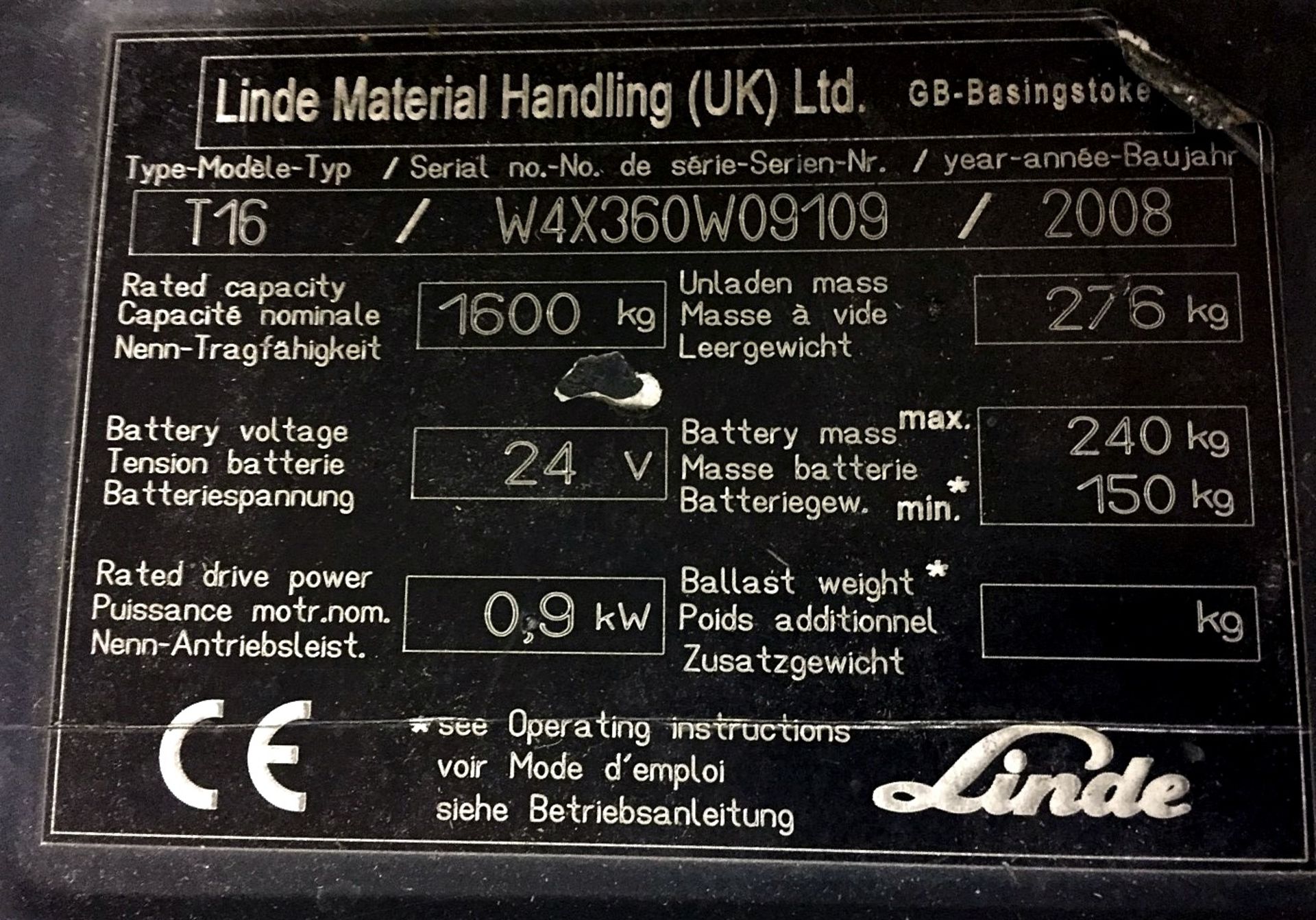 1 x Linde T16 Electric Pallet Truck - 1600kg Capacity - Tested and Working - Key and Charger - Image 2 of 3