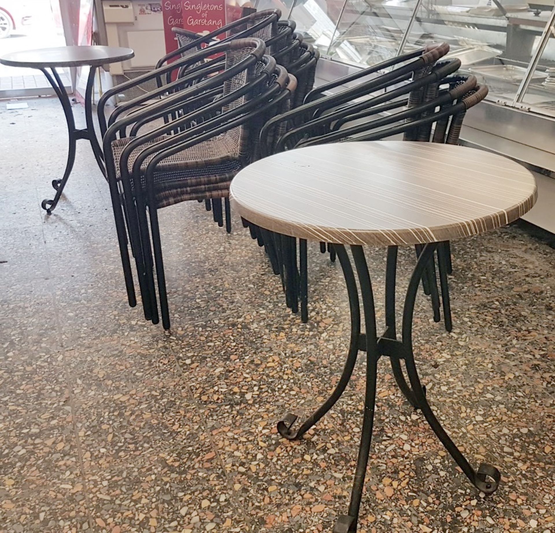 6 x Outdoor Bistro Tables With 14 x Stackable Wrought Iron & Ratten Chairs - 2 Sizes - Ref: SIN001 -