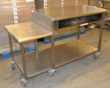 1 x Wheeled Dual Level Stainless Steel Prep Bench With Knife Holder - Dimensions: 147 x 66.5 x 89.5c